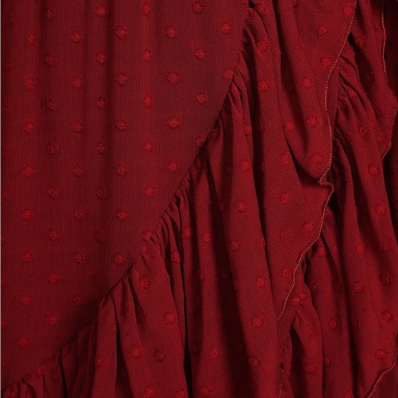 NWT Lulus Have Harmony Burgundy Swiss Dot Ruffled Faux Wrap Midi Dress - Picture 4 of 9